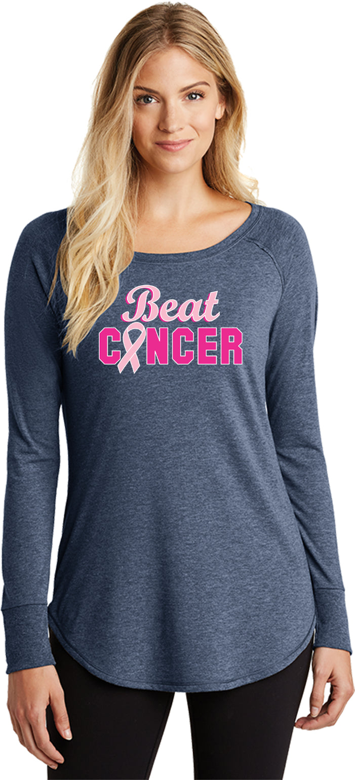 Ladies Breast Cancer Tee Beat Cancer Ladies TriBlend Long Sleeve