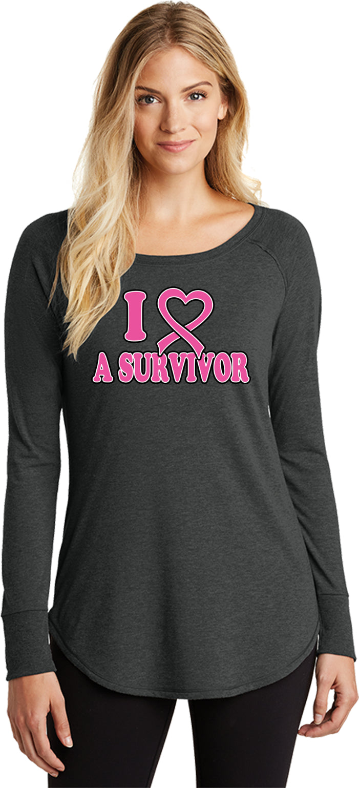 Ladies Breast Cancer Tee I Heart a Survivor TriBlend Long Sleeve