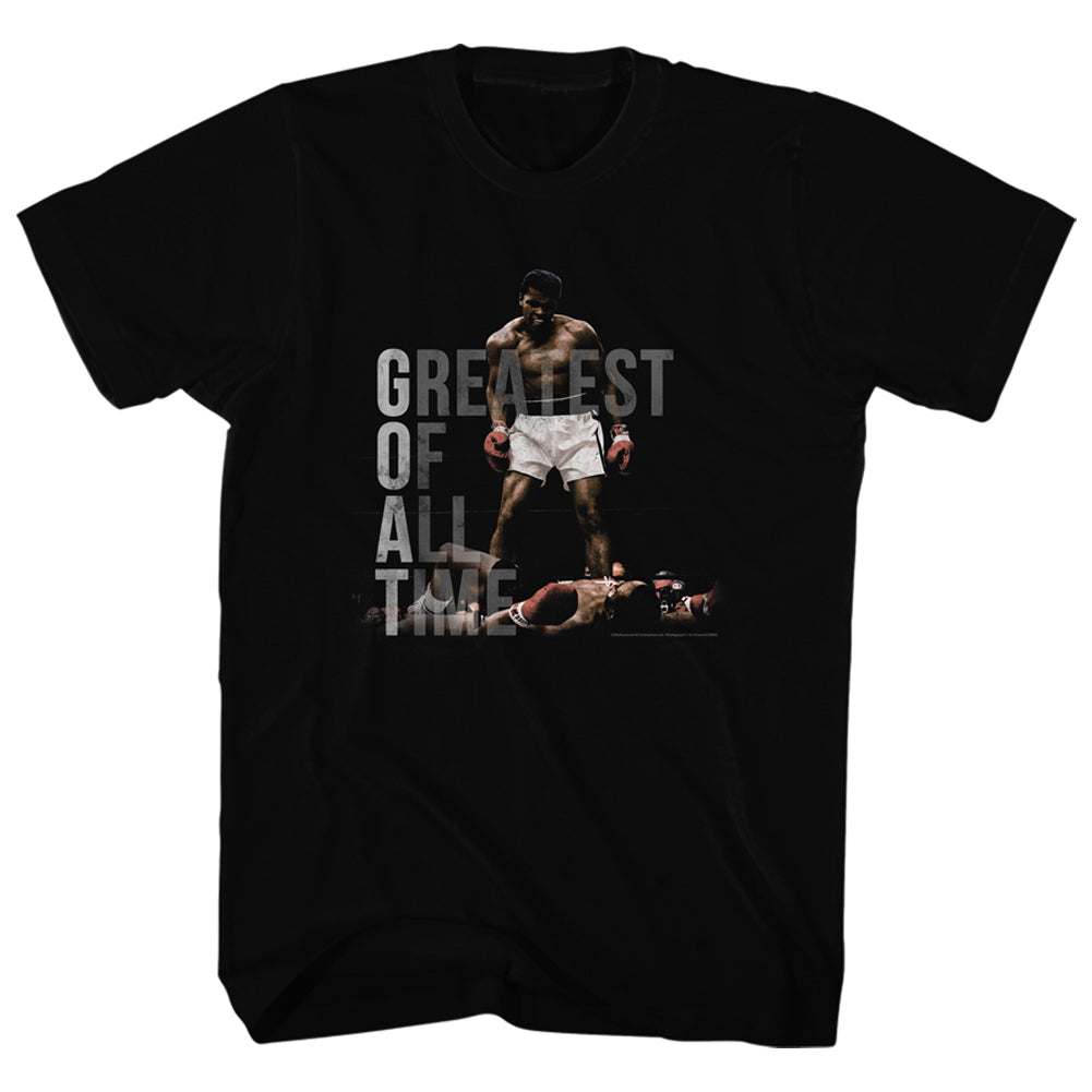 Muhammad Ali Tall T-Shirt Over Liston GOAT Color Black Tee