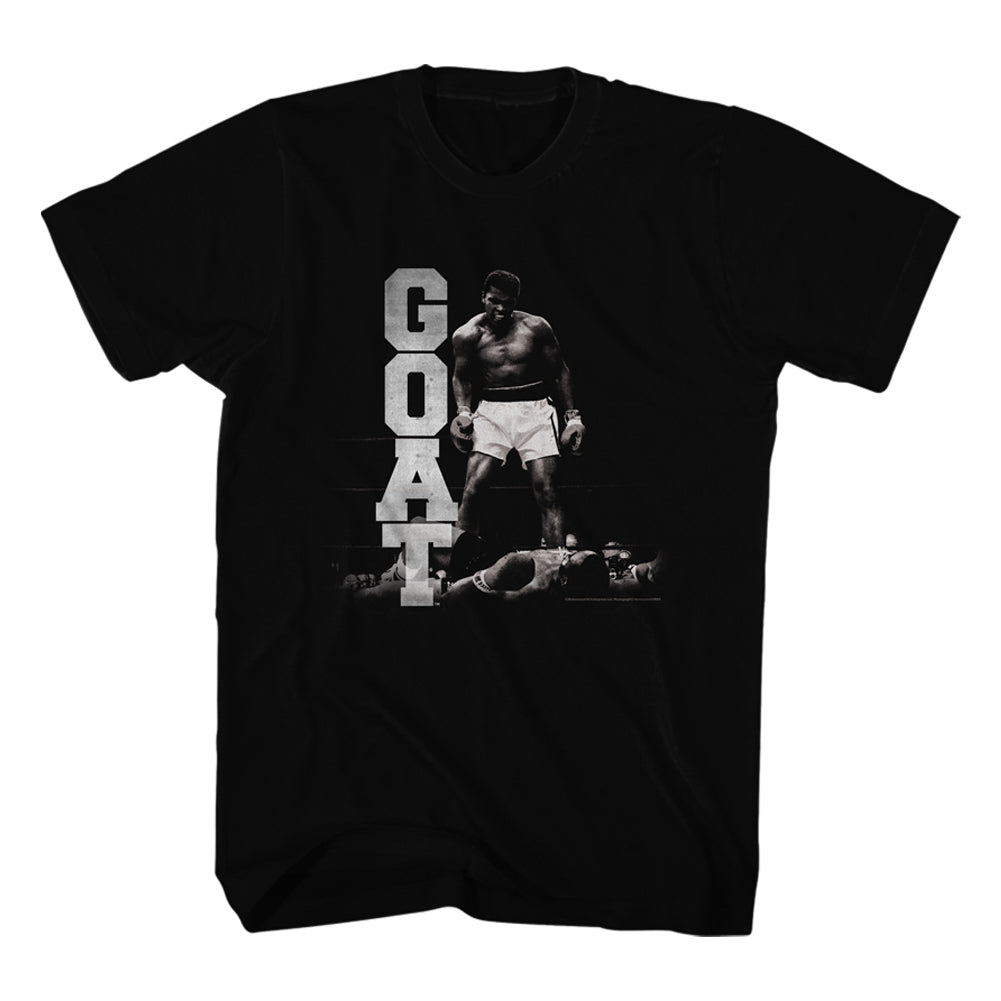 Muhammad Ali Tall T-Shirt Over Liston GOAT B&W Black Tee