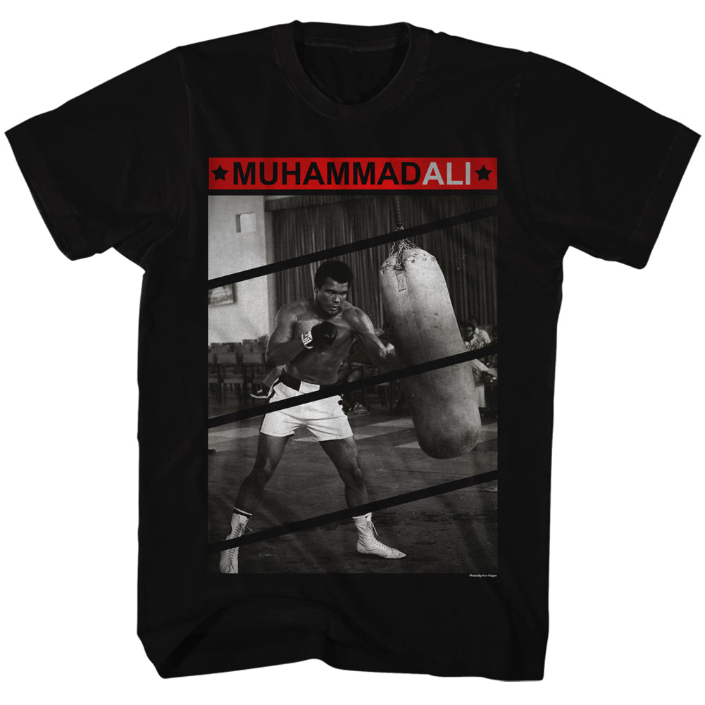 Muhammad Ali Tall T-Shirt In The Gym Punching Bag Black Tee