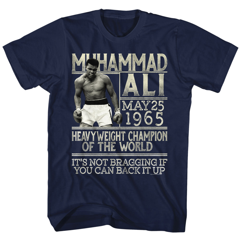 Muhammad Ali Tall T-Shirt Heavyweight Champ Bragging Navy Tee