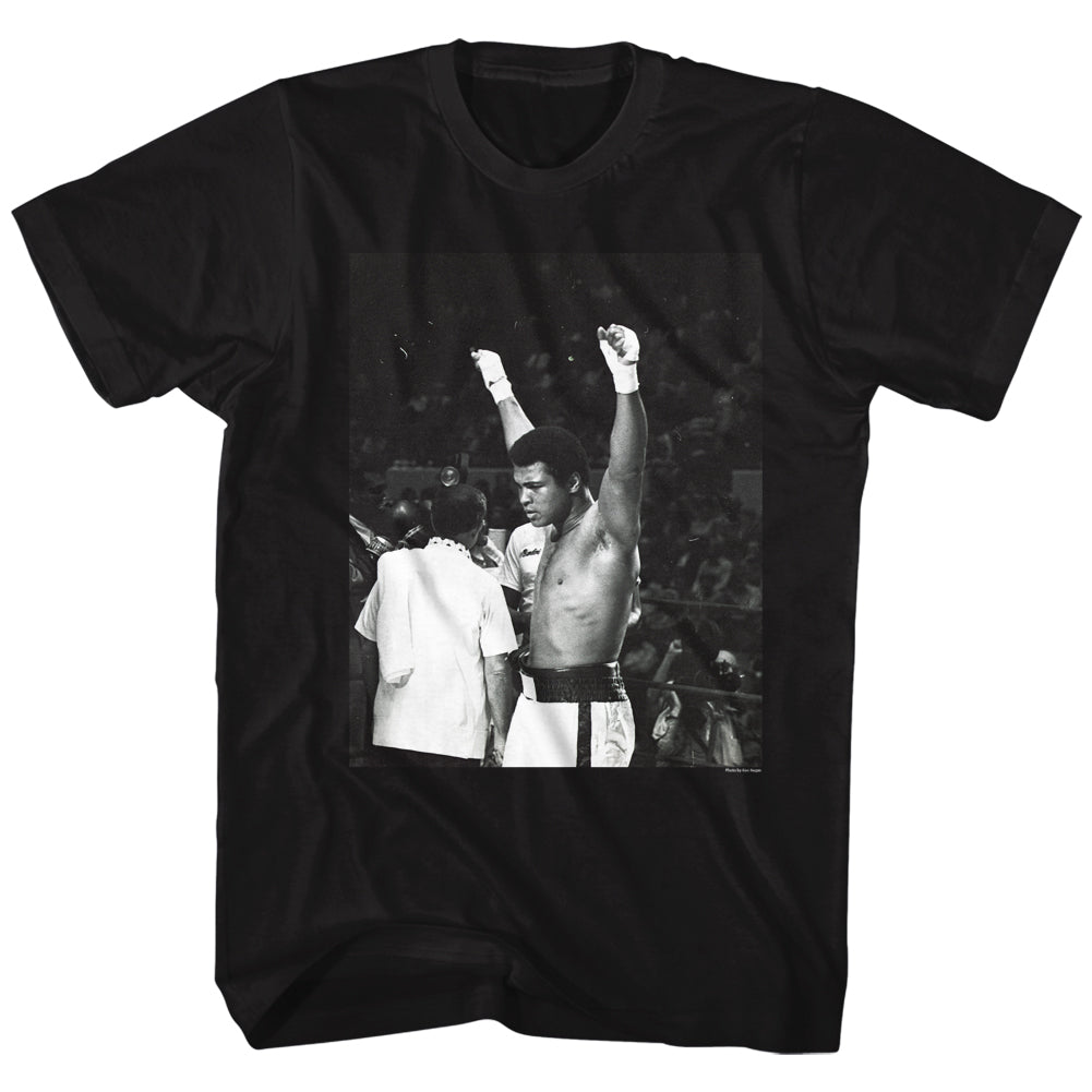 Muhammad Ali Tall T-Shirt B&W Hands In The Air Portrait Black Tee