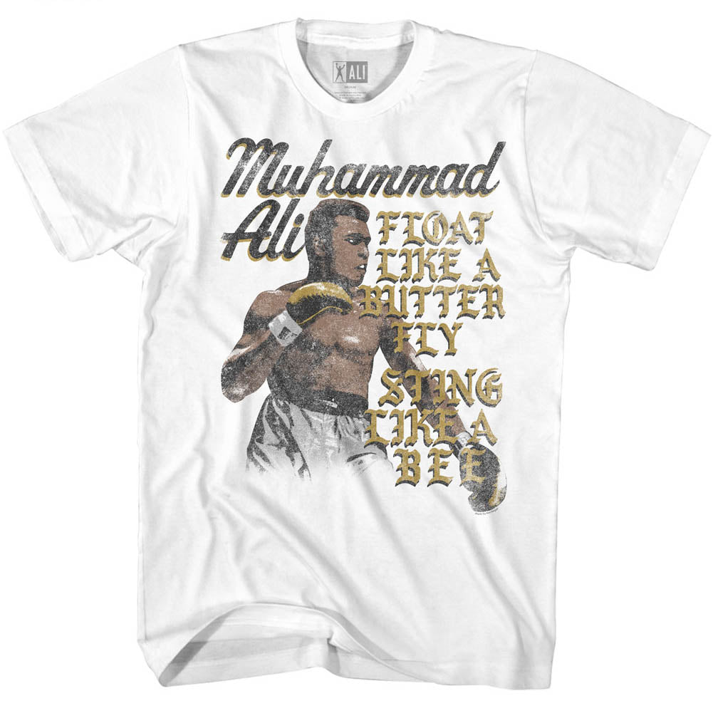 Muhammad Ali Tall T-Shirt Distressed Float Sting White Tee