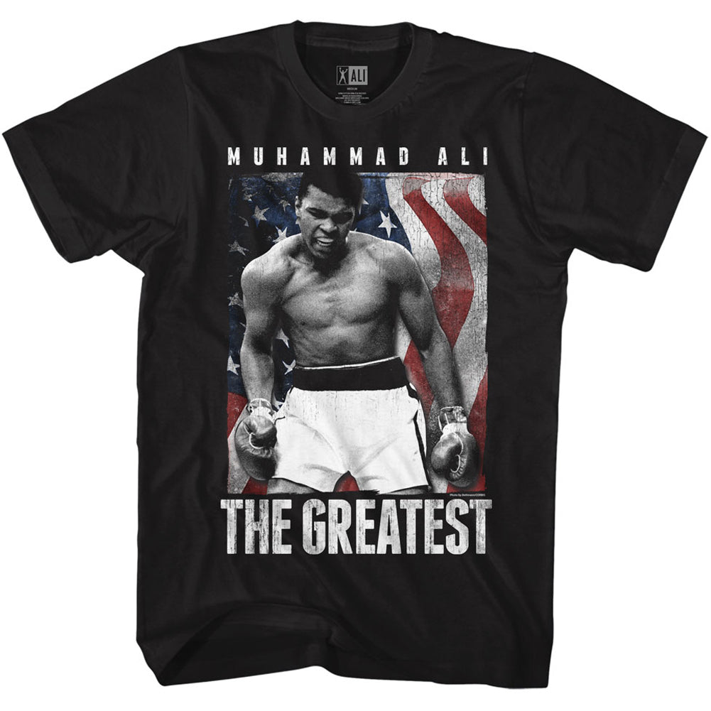 Muhammad Ali Tall T-Shirt Distressed American Flag Black Tee