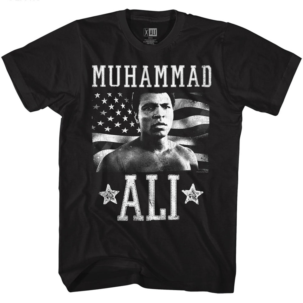 Muhammad Ali Tall T-Shirt Distressed B&W American Flag Black Tee