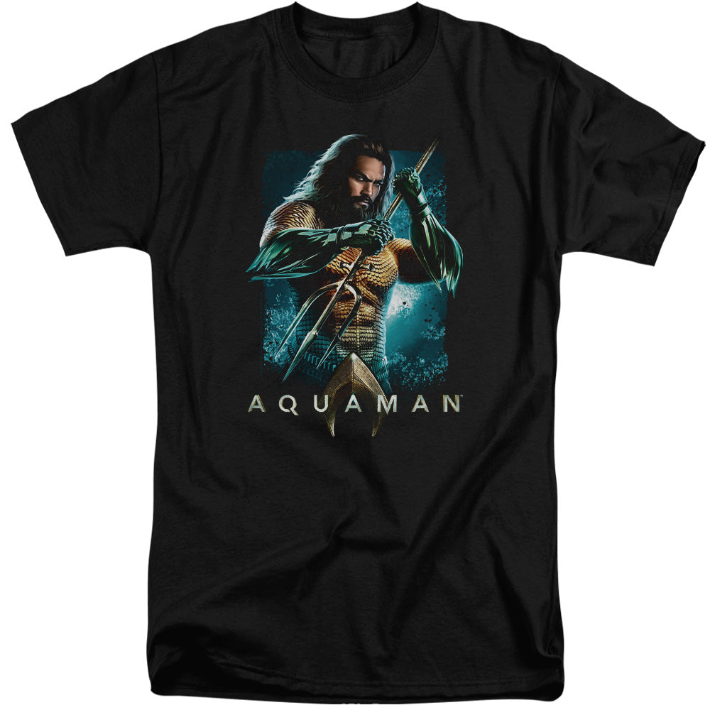 Aquaman Movie Tall T-Shirt Posing with Trident Black Tee