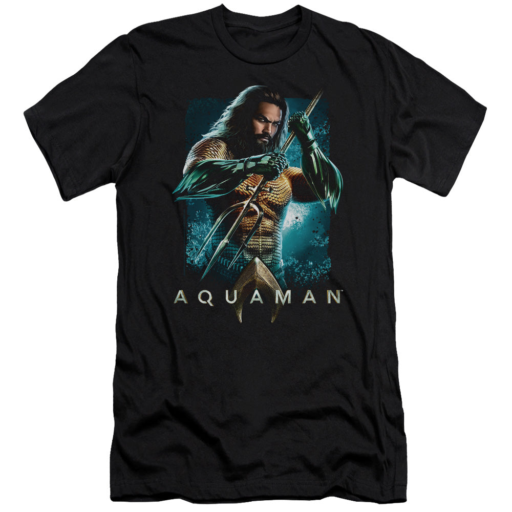 Aquaman Movie Slim Fit T-Shirt Posing with Trident Black Tee