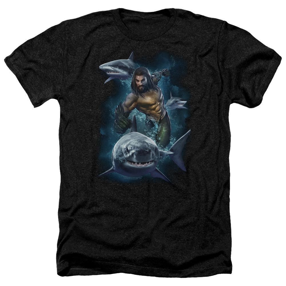 Aquaman Movie Heather T-Shirt Swimming with Sharks Black Tee