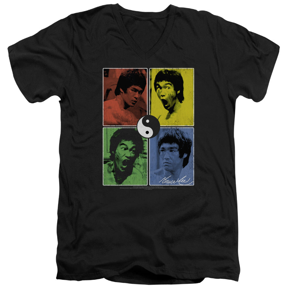 Bruce Lee Slim Fit V-Neck T-Shirt Color Block Collage Black Tee