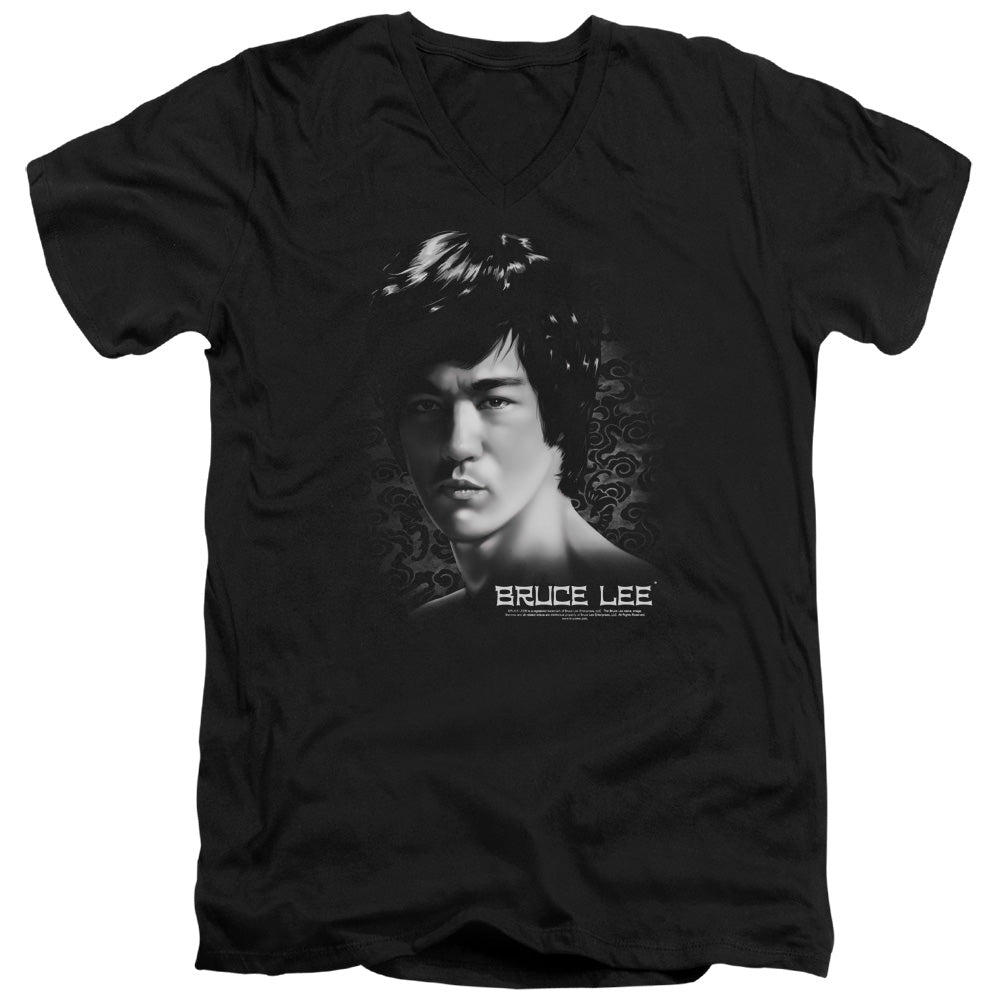 Bruce Lee Slim Fit V-Neck T-Shirt Serious Portrait Black Tee