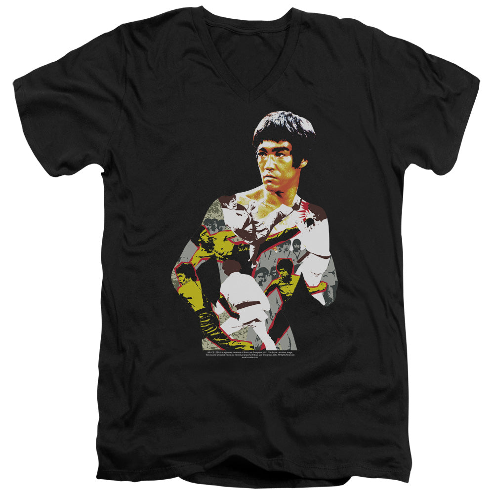 Bruce Lee Slim Fit V-Neck T-Shirt Body Collage Black Tee