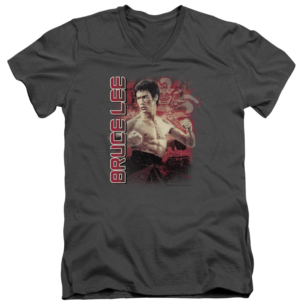 Bruce Lee Slim Fit V-Neck T-Shirt Stare Portrait Charcoal Tee