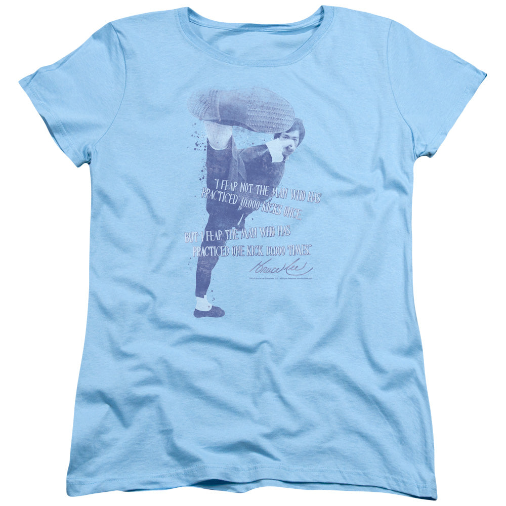 Bruce Lee Womens T-Shirt One Kick 10,000 Times Light Blue Tee