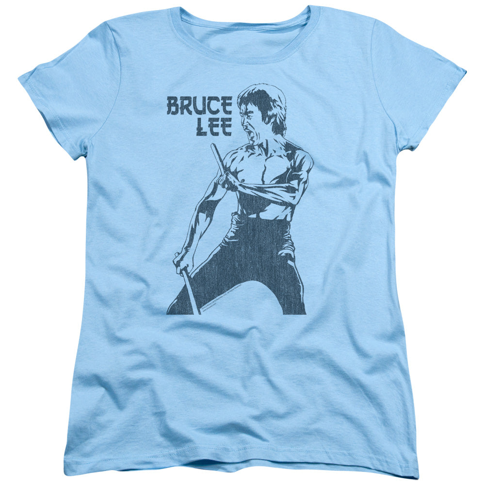 Bruce Lee Womens T-Shirt Fighting Stance Sketch Light Blue Tee