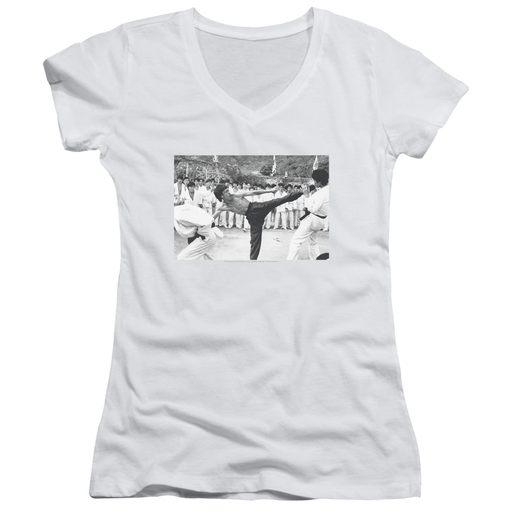 Bruce Lee Juniors V-Neck T-Shirt Kick to the Head Photo White Tee