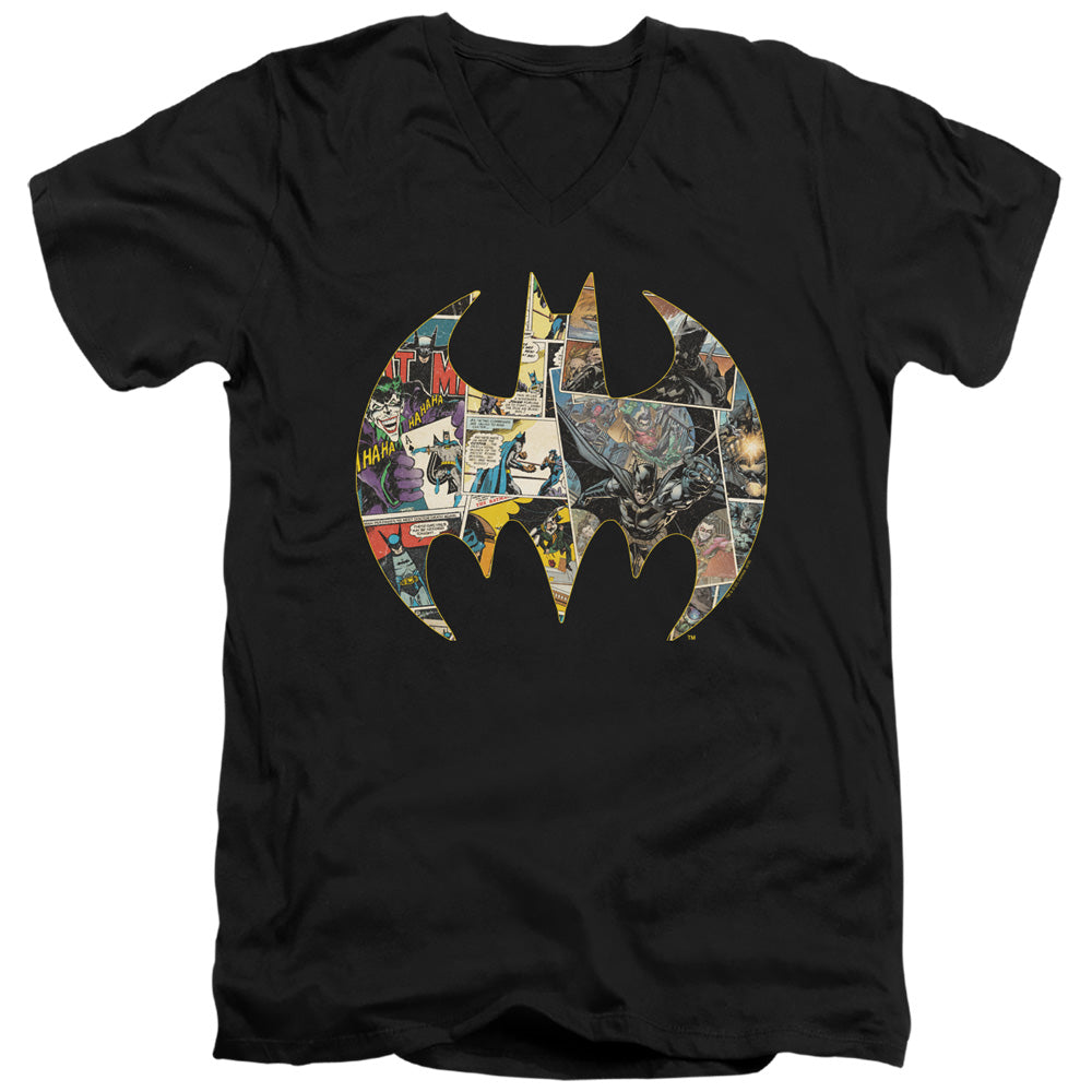 Batman Slim Fit V-Neck T-Shirt Collage Shield Black Tee