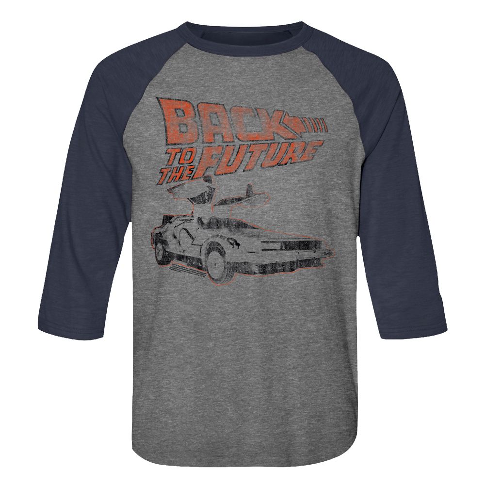 Back to the Future Raglan Shirt Distressed Logo with DeLorean Grey/Navy Tee