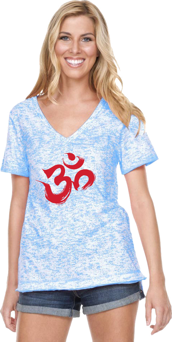 Red Brushstroke AUM Burnout V-neck Yoga Tee Shirt