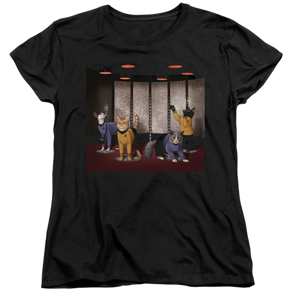 Star Trek Womens T-Shirt Beam Meow Up Black Tee