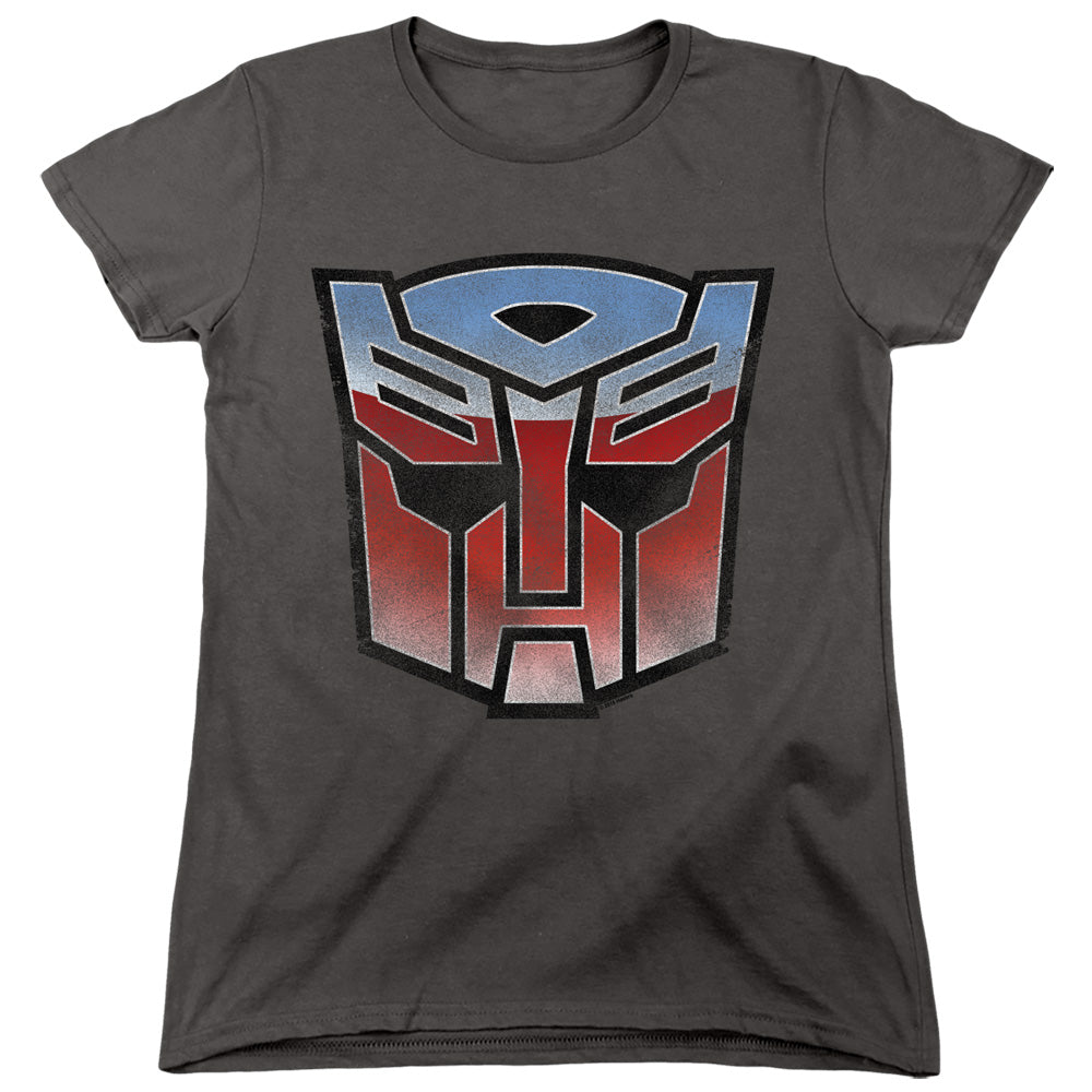 Transformers Womens T-Shirt Blue and Red Autobot Logo Charcoal Tee