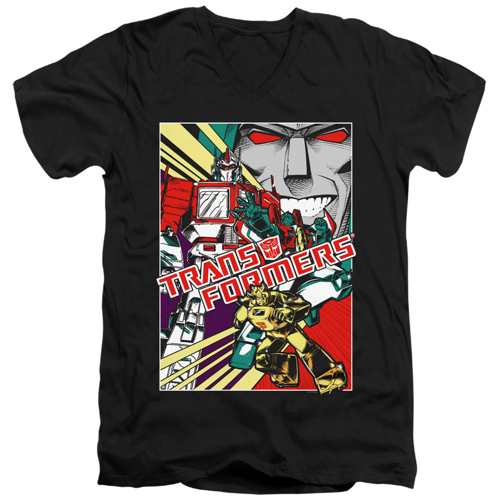 Transformers Slim Fit V-Neck T-Shirt Comic Poster Black Tee