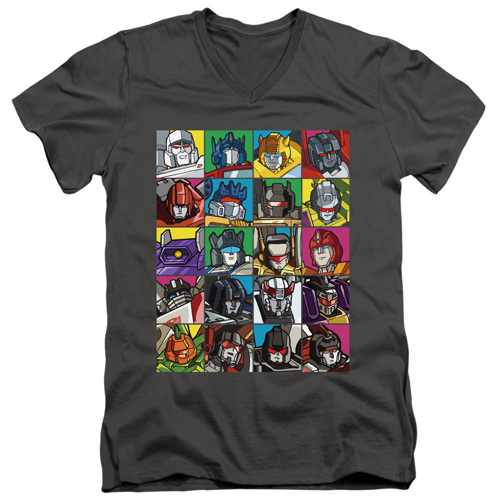 Transformers Slim Fit V-Neck T-Shirt Character Squares Charcoal Tee