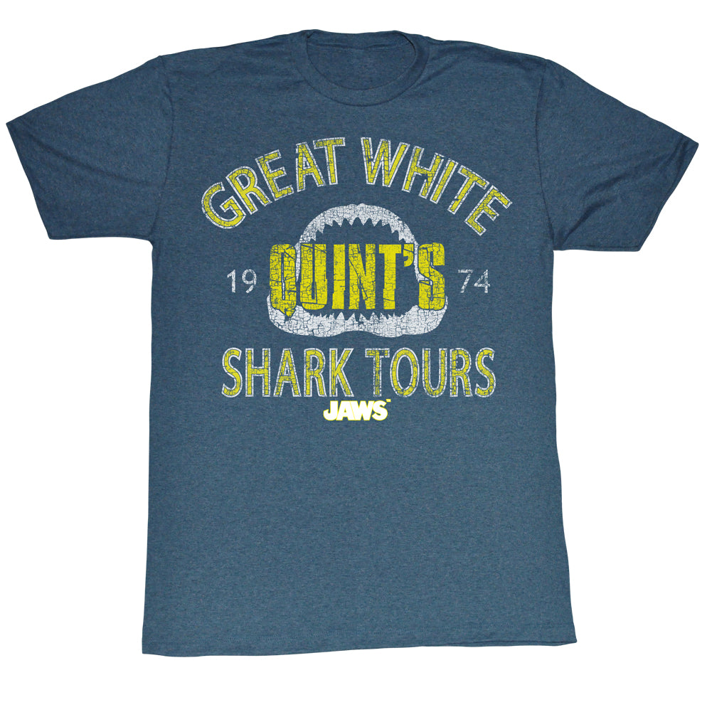 Jaws T-Shirt Distressed Quint's Shark Tours Pacific Blue Heather Tee