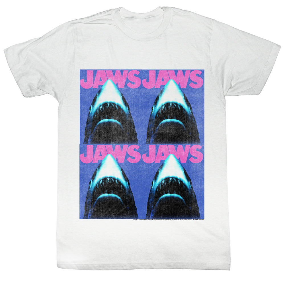 Jaws T-Shirt Distressed Pink Blue Repeated White Tee