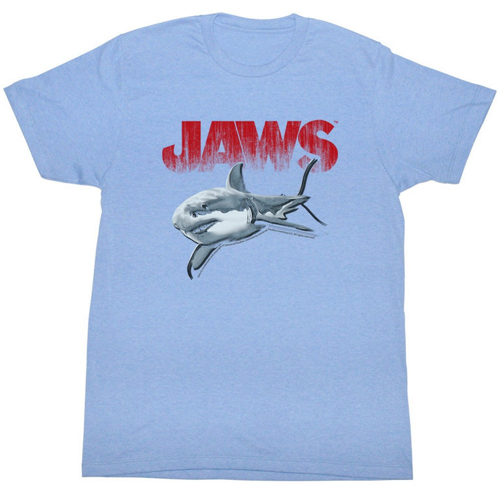 Jaws T-Shirt Distressed Halftone Drawing Light Blue Heather Tee