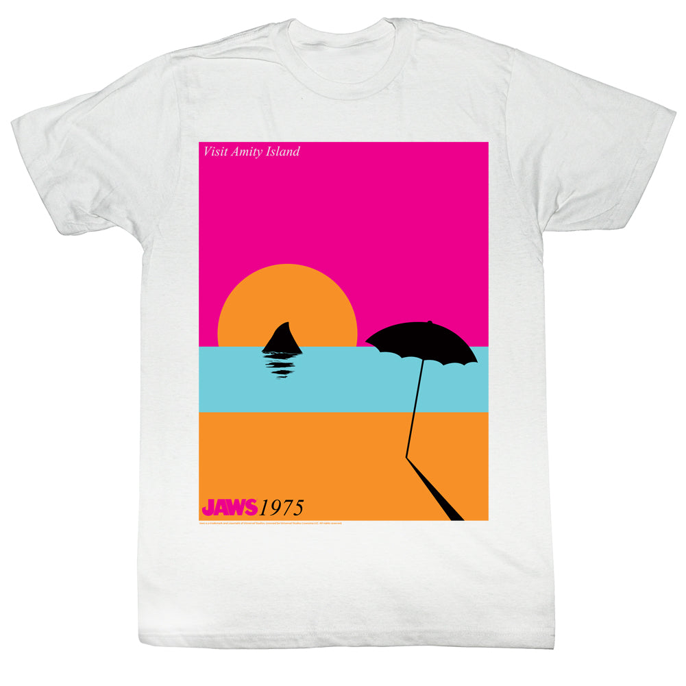 Jaws T-Shirt Colorful Visit Amity Island Sunset Poster White Tee