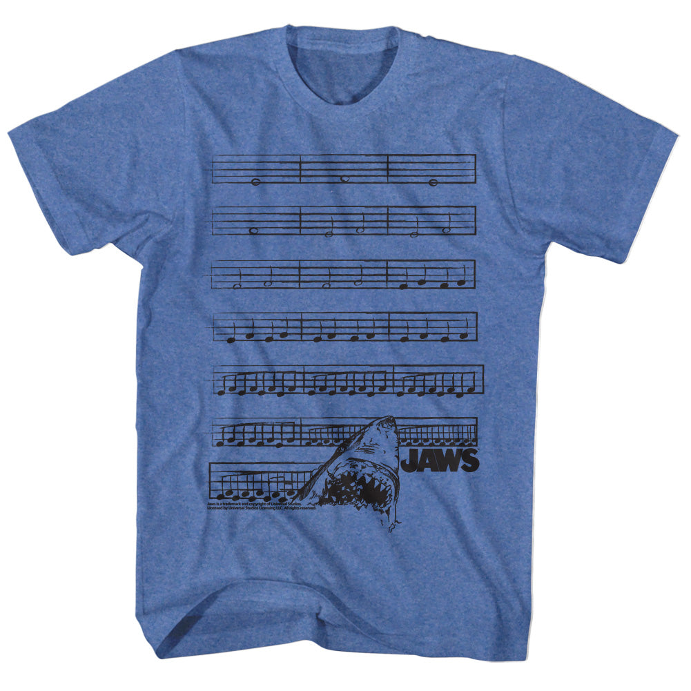 Jaws T-Shirt Dun Nun Music Sheet Theme Song Royal Heather Tee