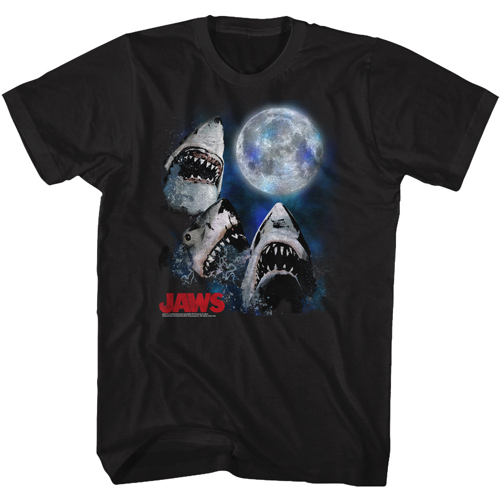 Jaws T-Shirt Three Shark Moon Mock Black Tee