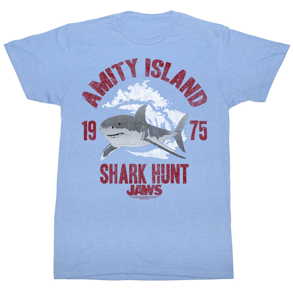 Jaws T-Shirt Distressed Amity Island Shark Hunt Light Blue Heather Tee