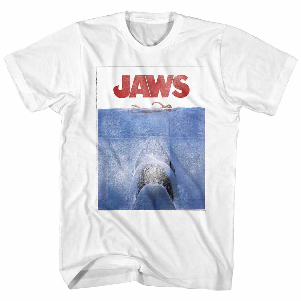 Jaws Tall T-Shirt Distressed Movie Poster White Tee