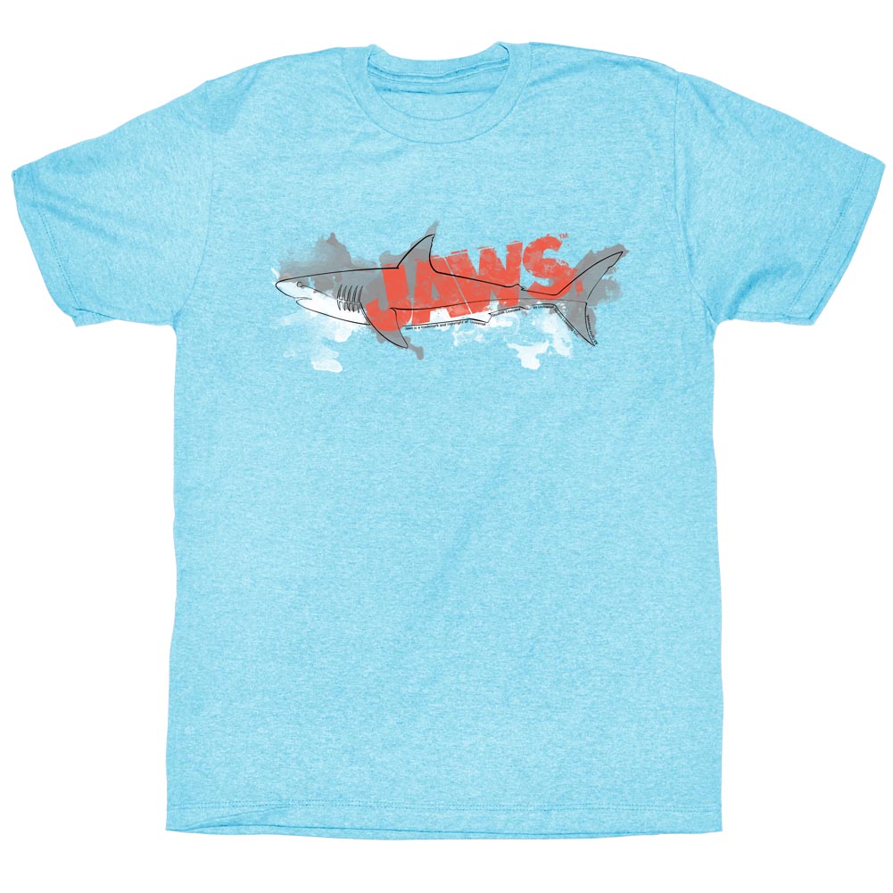 Jaws T-Shirt Line Drawing Watercolor Shark Light Blue Heather Tee