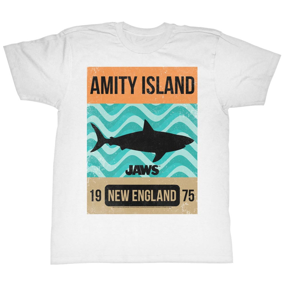Jaws Tall T-Shirt Amity Island Silhouette Waves White Tee