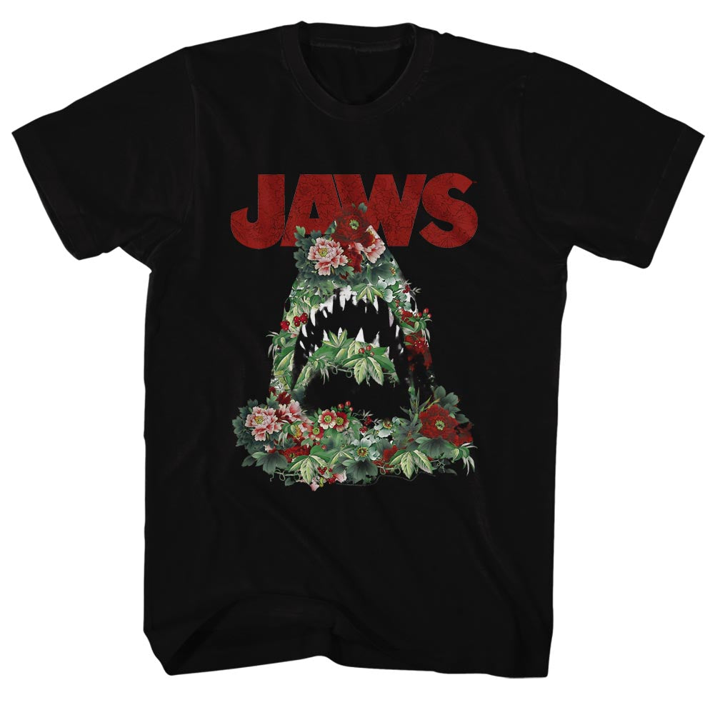 Jaws Tall T-Shirt Floral Shark Outline Black Tee