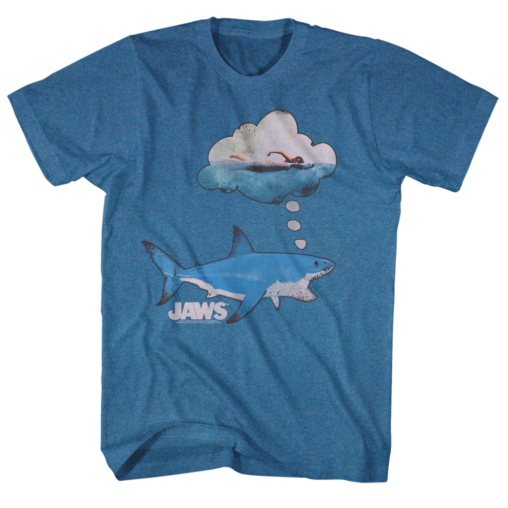 Jaws T-Shirt Distressed Dreaming Shark Dinners Pacific Blue Heather Tee