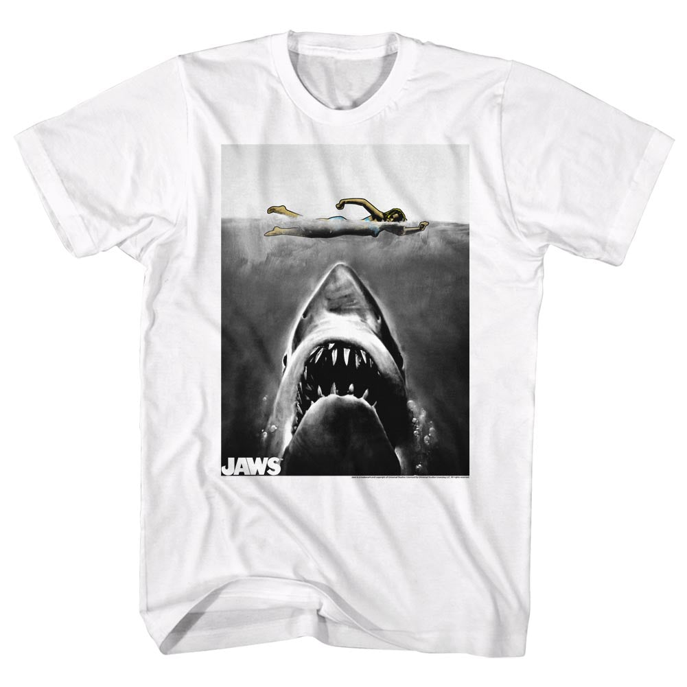 Jaws Tall T-Shirt Marco Polo B&W Movie Poster White Tee