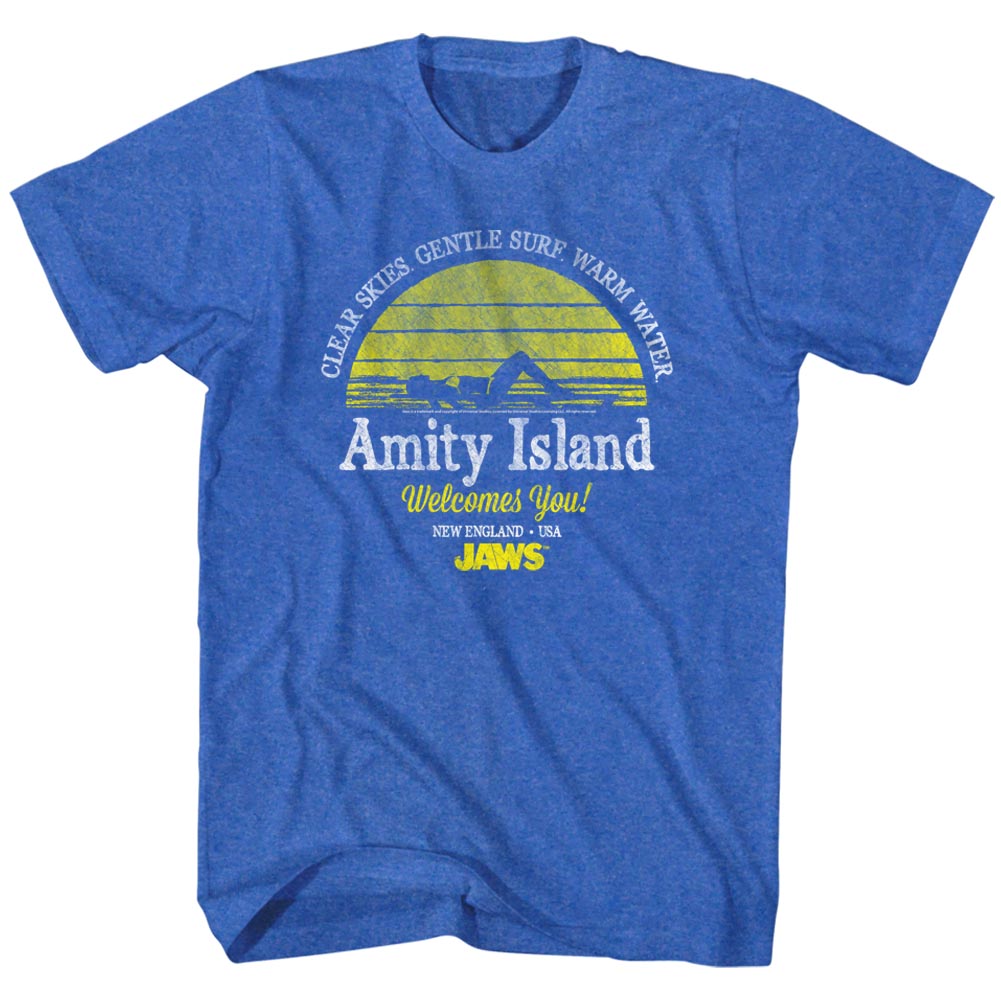 Jaws T-Shirt Distressed Amity Island Welcomes You Royal Heather Tee