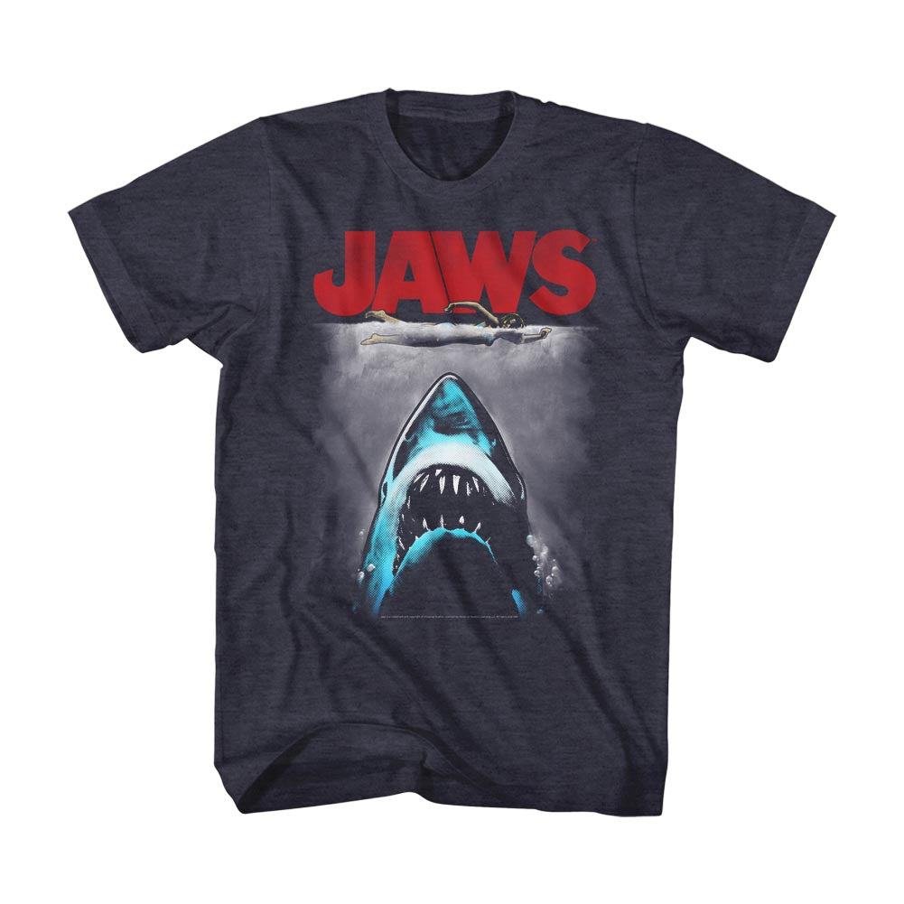 Jaws T-Shirt Distressed Red Logo Movie Poster Navy Heather Tee