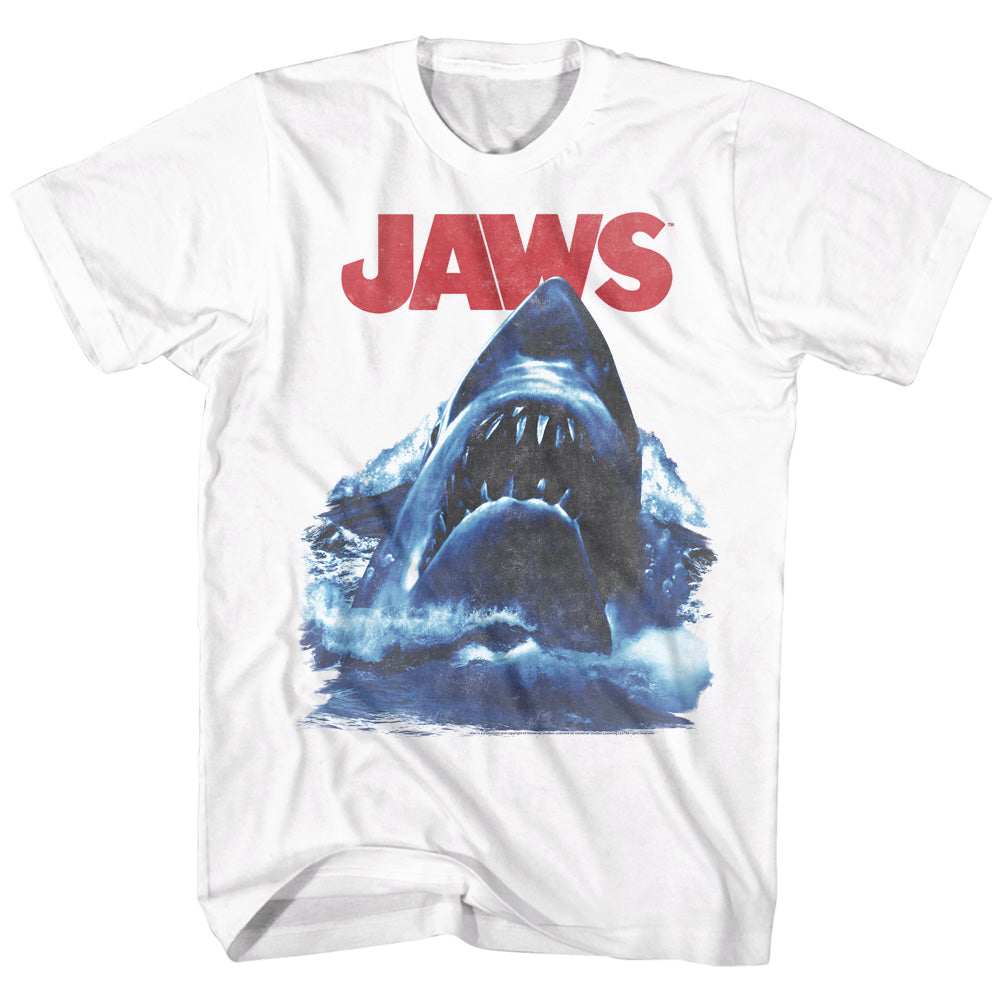 Jaws T-Shirt Distressed Ocean Waves Shark White Tee