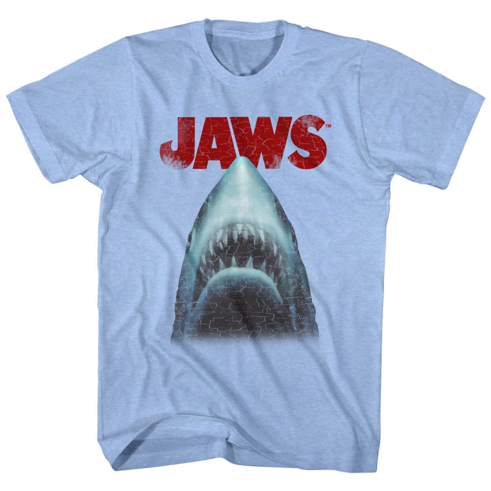 Jaws T-Shirt Distressed Cracked Shark Head Light Blue Heather Te