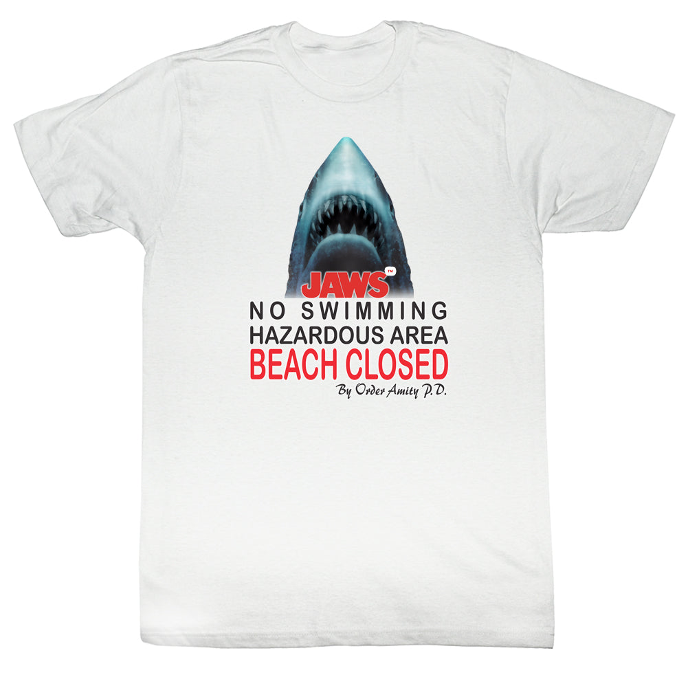 Jaws T-Shirt Shark Head Beach Closed No Swimming White Tee