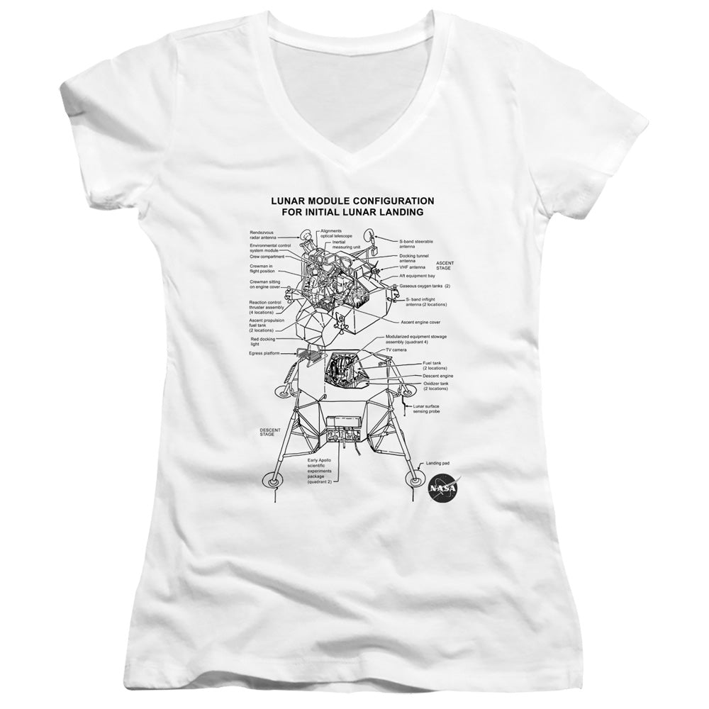 NASA Juniors V-Neck T-Shirt Lunar Module Diagram White Tee