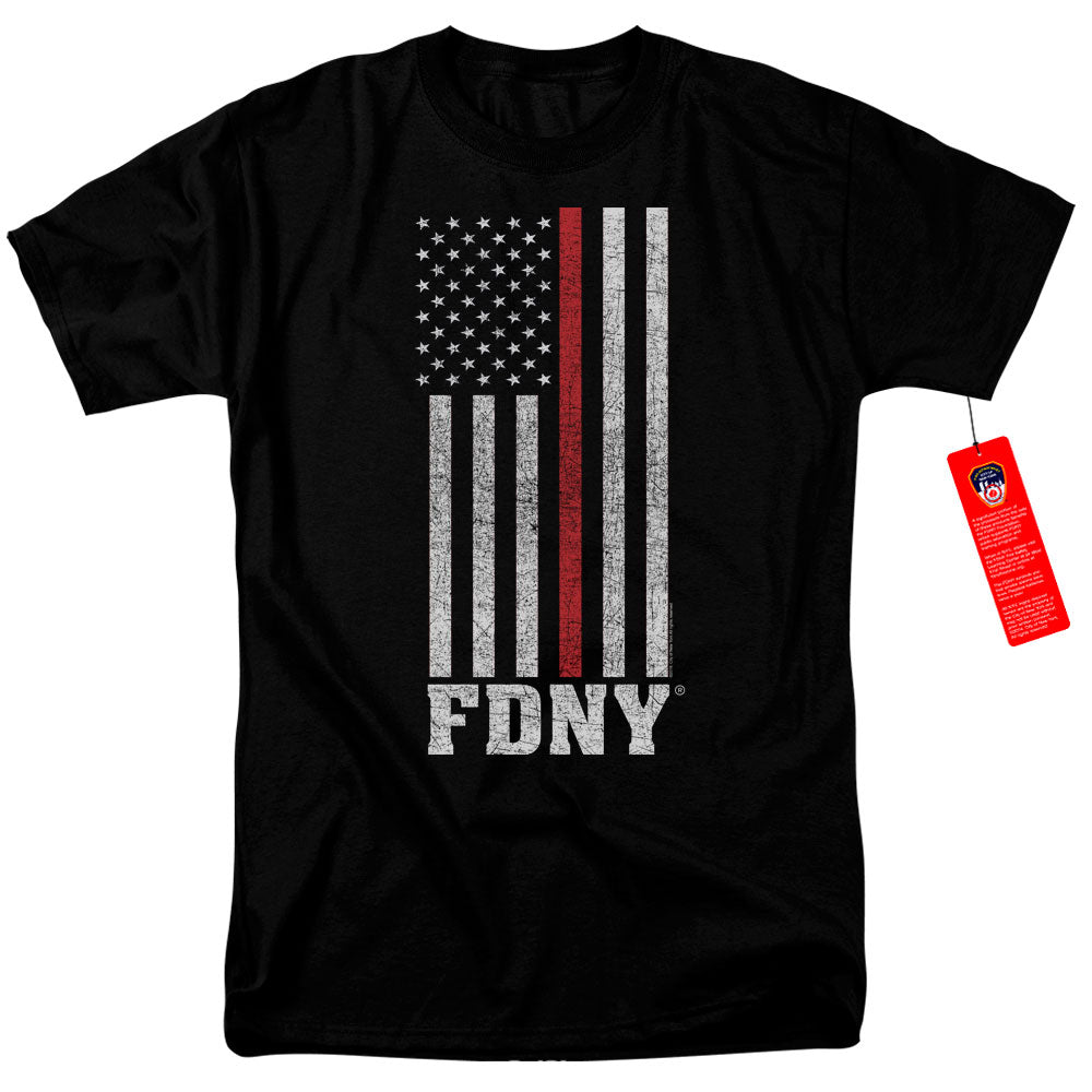 FDNY Mens T-Shirt Thin Red Line American Flag Black Tee