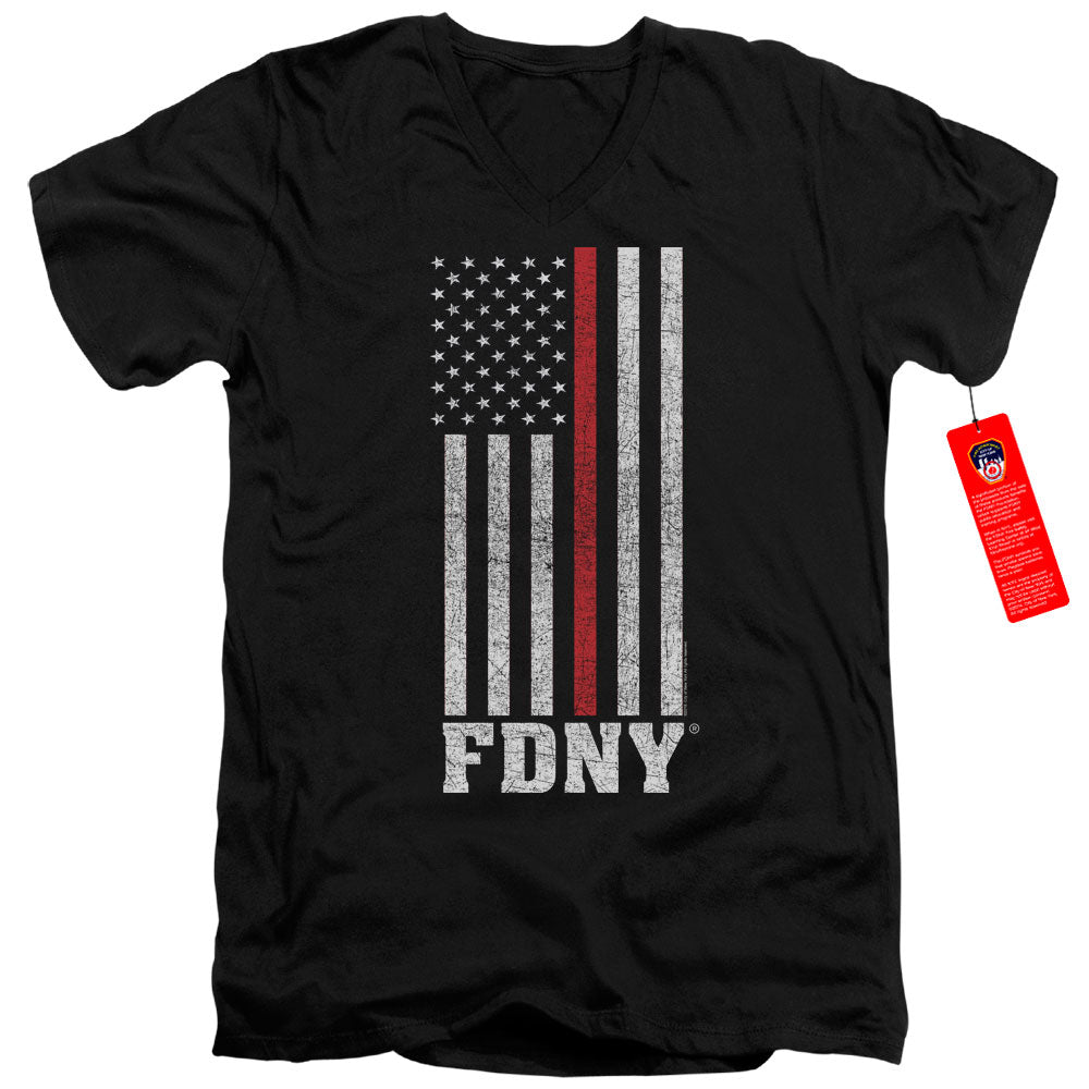 FDNY Slim Fit V-Neck T-Shirt Thin Red Line American Flag Black Tee