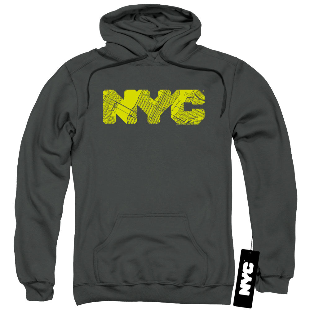 NYC Hoodie Text Lime Map Fill Charcoal Hoody