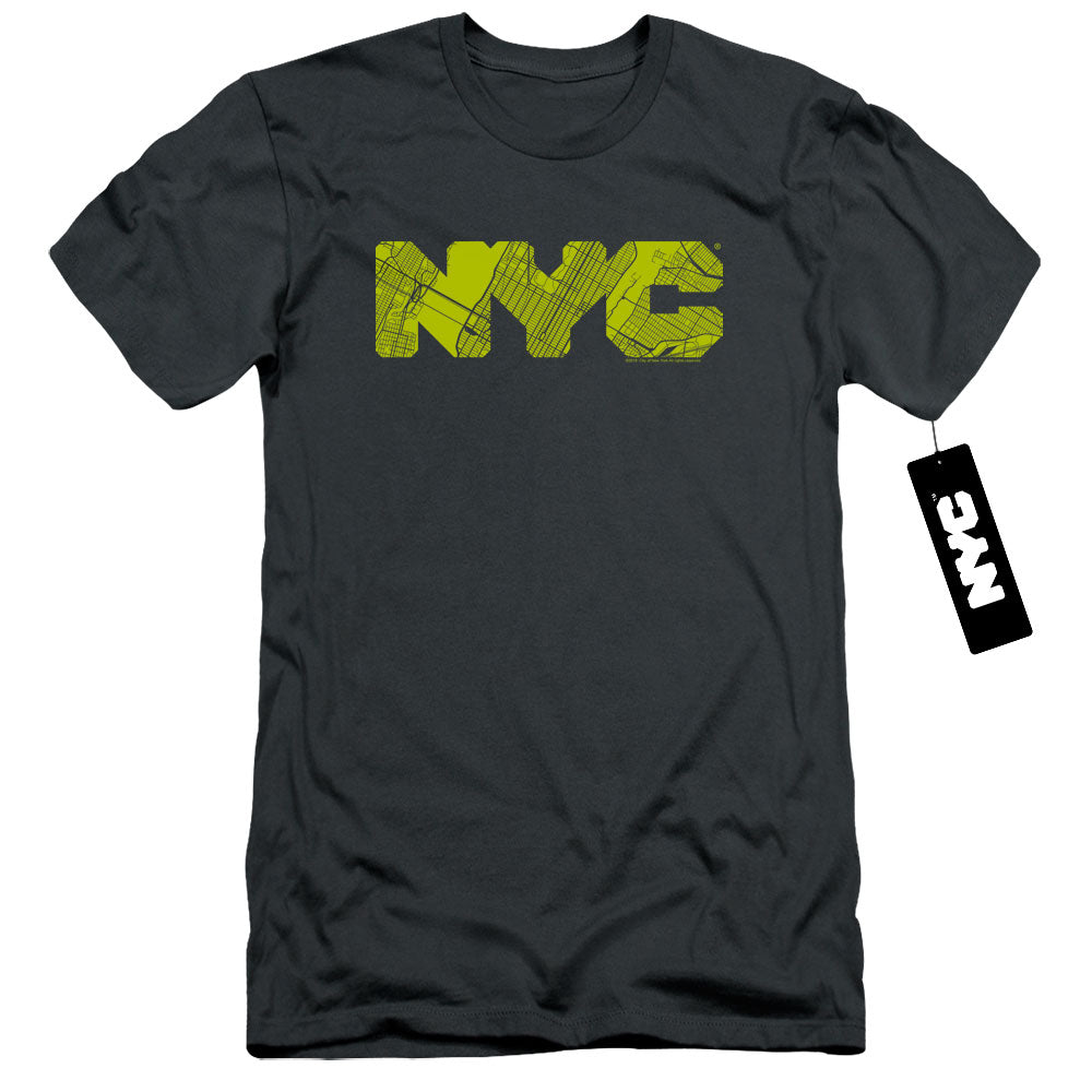 NYC Slim Fit T-Shirt Text Lime Map Fill Charcoal Tee